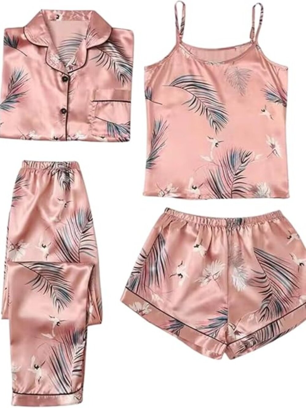 Satin Pajamas Sets Womens Sexy Cami Shorts Set and Long Sleeve Button Down Pjs